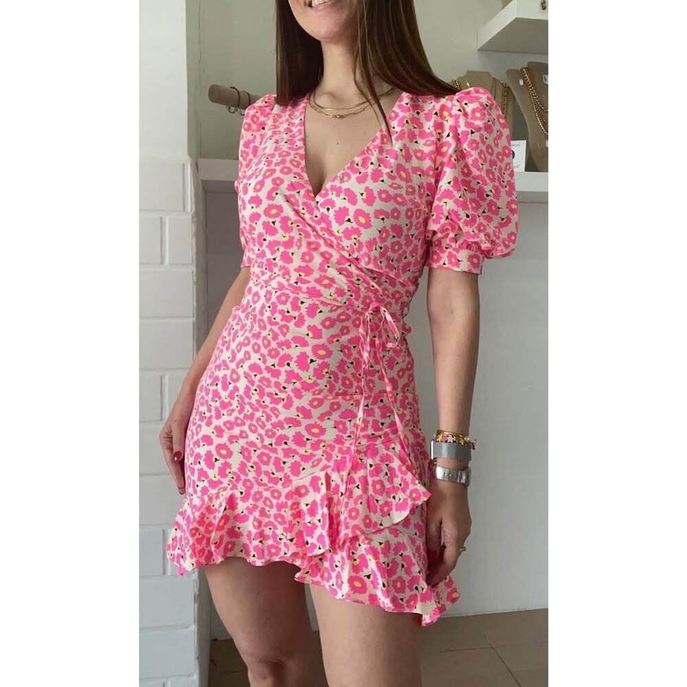 Boutique TCEC Women’s Medium Hot Pink Floral Ruffle Faux Wrap Dress